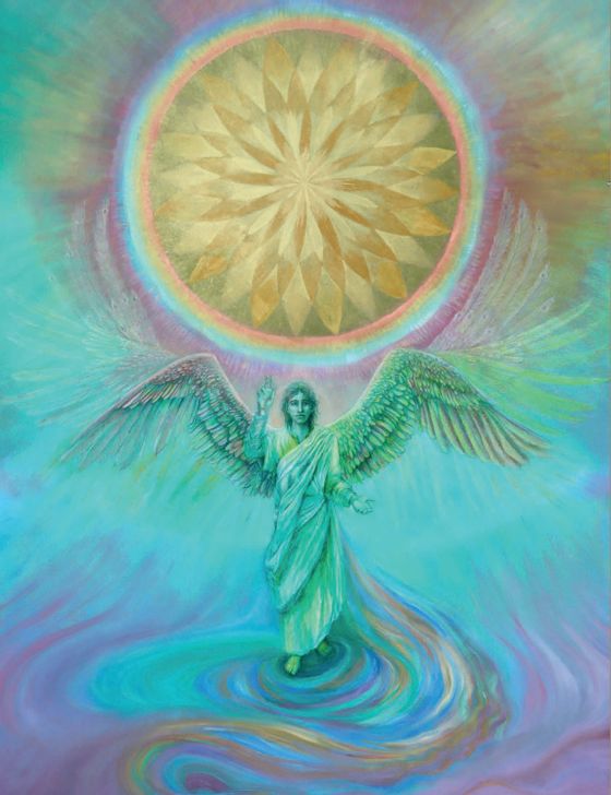 Winged angel standing on rainbow water, archetype of the human/Aquarius realm