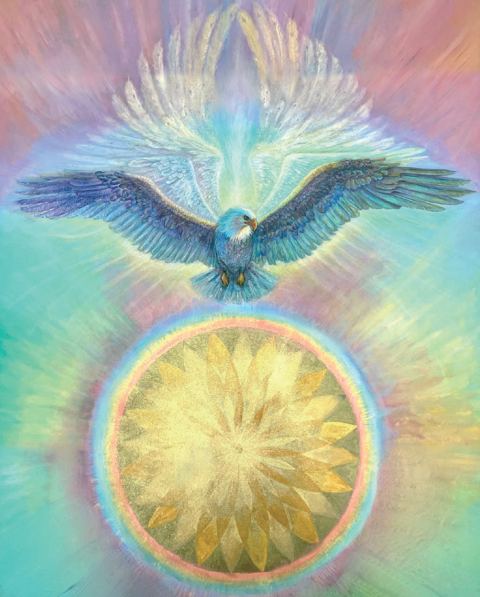 Eagle in flight above a golden mandala, archetype of the Scorpio realm